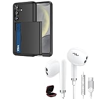 Jiunai for Samsung Galaxy S24 Case with Card Holder 2024 + USB C Wired Earbuds with Mic Protective Credit Card Case with USB C Headphone for Samsung Galaxy S24 5G 6.2'' Black