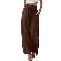 Women Linen Pants 2024 Summer Loose Fit High Waisted Side Split Wide Leg Lightweight Palazzo Pant Trouser with Pocket