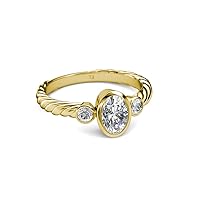 Natural GIA Certified Diamond Oval Shape 0.48 ctw (6x4 mm) With Side Lab Grown Diamond Three Stone Rope Ring in 14K Gold