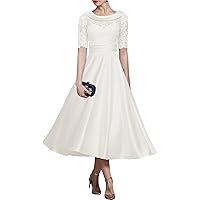 A-Line Elegant Vintage Mother of The Bride Dress Scoop Neck Tea Length Half Sleeve Wedding Guest Dress Ruched 2024