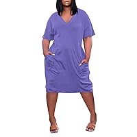 Women's Beach Dress Plus Size Summer V Neck Short Sleeve Knee Pocket Soild Color Casual Dress Casual Dresses