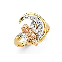 14k Yellow Gold White Gold and Rose Gold CZ Cubic Zirconia Simulated Diamond Religious Guardian Angel And Celestial Moon Ring Size 7 Jewelry Gifts for Women