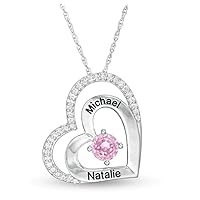 ABHI Round Created Pink Sapphire & 0.05 CT Diamond Heart Personalize Pendant Necklace 14K White Gold Over