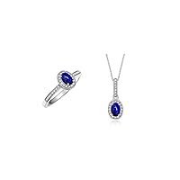 Rylos Matching Jewelry Sterling Silver Halo Pendant Necklace & Matching Ring. Gemstone & Diamonds, 18