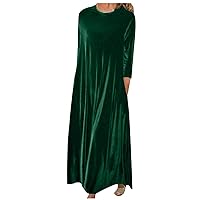 Women Velvet Maxi Dresses Plus Size 3/4 Sleeve Crewneck Casual Shirt Dress Fall Solid Pullover Loungewear Dress