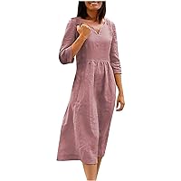 3/4 Sleeve Dress for Women Notch V Neck Cotton and Linen Midi Dress Solid Casual Summer Going Out Dresses with Pockets