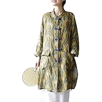 Women's Retro Maple Leaf Print Tunic Dresses Ethnic Linen Chinese Frog Button Top Tees