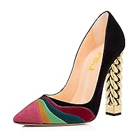 FSJ Women Gold Metal Chain Chunky High Heel Pointed Toe Slip On Fashion Party Prom Pumps Prom Shoes Size 4-15 US