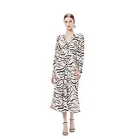 Women Dress Spring Autumn V-Neck Ruffles Lantern Sleeve Leopard Print Slim Party Long Robe Vestidos