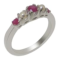 Solid 14k White Gold Natural Ruby & Cultured Pearl Womens band Ring - Sizes 4 to 12 Available