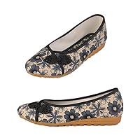 Spring Women Cozy Slip-On Cotton Fabric Flats Traditional Button Breathable Vintage Loafers for Female Vintage Shoes Black 8.5