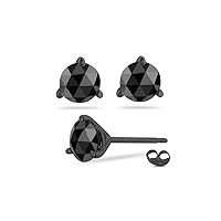 Round Rose Cut Black Diamond Stud Three Prong Earrings AAA Quality in 14K Blackened White Gold Available in Small to Large Sizes
