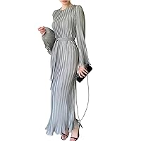 Spring Solid Rib Long Dress Women Sexy Neck -up Party Autumn Flare Sleeve Femme Pullover