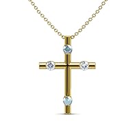 Petite Aquamarine & Natural Diamond Half Bezel Cross Pendant 0.18 ctw 14K Gold. Included 16 Inches 14K Gold Chain.