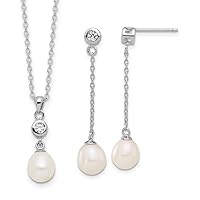 925 Sterling Silver Rhodium Plated 7 8mm Fwc Pearl CZ Cubic Zirconia Simulated Diamond 17inch Necklace Earrings Set Jewelry for Women