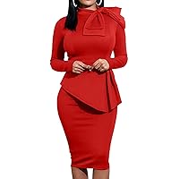 WanMem Women Formal Bodycon Peplum Cocktail Dress Short Sleeve Bow Ruffle Pencil Party Midi Dresses