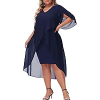 Hanna Nikole Plus Size Elegent Low Asymmetrical Hem Knee Dresses for Wedding Guest Flowy 3/4 Sleeve Party Dress Navy Blue 14 Plus