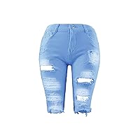 Women's Ripped Denim Shorts Mid Rise Rolled Hem Bermuda Shorts Jeans Distressed Stretch Casual Knee Length Short