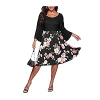 Plus Size Long Sleeve Fit Flare Dress Women Bohemian Floral Print Vintage Dress Midi A-Line Dress