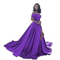 Women's Off The Shoulder Satin Prom Dresses Long for Women Formal Evening Party Gowns with Pockets Silt