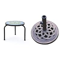Christopher Knight Home Iris Outdoor Ceramic Tile Side Table with Iron Frame, Blue/Green and DC America 18-Inch Cast Stone Umbrella Base, Bronze