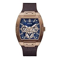 GUESS Mens Trend Multifunction 43mm Watch – Coffee Stainless Steel Case with Blue Diamond Dial & Brown Croco Leather Strap