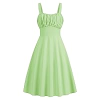 Wedding Guest Dresses for Women Elastic High Waisted Cami Dress Ruched Bust Spaghetti Strap Midi Dress Swing A Line Dress(,)