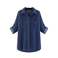 Spring Autumn Women Plus Size Jeans Shirt Casual Loose Turn-Down Collar Solid Long Sleeve Denim Blouse