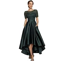 Women's Short Sleeves Evening Dresses Lace Embroidery with Pockets Prom Dresses Black Green