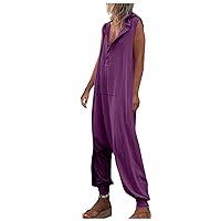 Women's Loose Casual One Piece Jumpsuit Sleeveless Button Front Wide Leg Long Pants Rompers with Hood Baggy Overalls