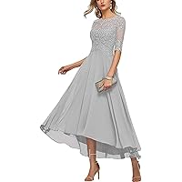 Women's Lace Applique Chiffon Mother of The Bride Dress for Wedding Half Sleeves Formal Evening Gowns Silver US12