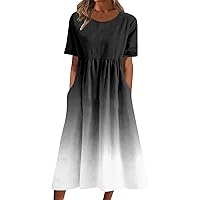 Dresses for Women 2023 Women Comfortable Boho Dress Short Sleeve O Neck Pocket Dress Casual Print Short Crewneck