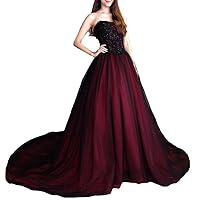 Gothic Beaded Black Lace Long Tulle Ball Gown Wedding Prom Dress with Train Sweetheart
