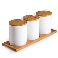 Ceramic Sugar Bowls with Bamboo Lids and Spoons-June Sky Muti-Functional Round Condiment Jar for Home- Spice Storage Canister,10.8 oz 320 ML,3 Pcs Set