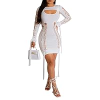 Womens Sexy Long Sleeve O Neck Cut Off Holes Lace Up Bodycon Party Clubwear Dress