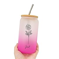 Frosted Glass Bamboo Covered 16 Oz Birth Flower Frosted Tumbler Cup with Name Cute Customized Birthday Gifts Beer Can Glass for Water Engagement Women Teacher Gifts