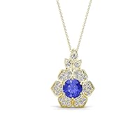 Round Tanzanite Diamond 5/8 ctw Women Floral Halo Pendant Necklace 16 Inches Chain 14K Gold