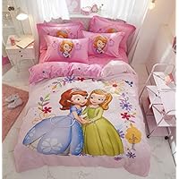 100% Cotton Kids Bedding Set Girls Sofia The First Princess Duvet Cover and Pillow Cases and Flat Sheet,4 Pieces,Queen