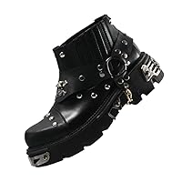 Men's Fashion Genuine Leather Motorcycle Boots,Goth Skull Punk Cowboy Boots,Unisex Ankle Metallic Platform Western Chelsea Boots