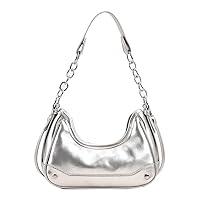 Luxury Silver Shoulder Bag with Dumpling Shaped Bright PU Under Arm Purse, Women Small Chain Crossbody Clutch Bag