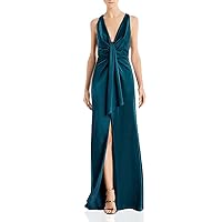 Aidan Mattox Womens Green Pleated Gathered Zippered Draped Satin Short Sleeve V Neck Full-Length Formal Gown Dress 12