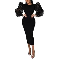 Womens Sexy Long Mesh Paneled Ruffles Sleeve Bodycon Party Clubwear Dress