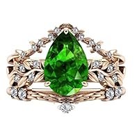 Vine Leaf Design Tsavorite Garnet Engagement Ring Set 3 CT Pear Shaped Green Gemstone Wedding Ring Set 14k Gold Tsavorite Bridal Ring Set Promise Ring Set Anniversary Ring Set