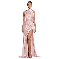 Exquisite Long Prom Dresses for Women Pleated Satin Mermaid Evening Party Gowns with High Slit