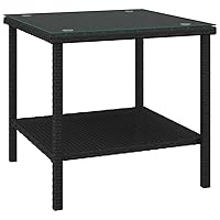 vidaXL Black Poly Rattan Side Table - Tempered Glass Tabletop - Durable Powder-Coated Steel Frame - Additional Storage Shelf - Indoors and Outdoors Applicable - Dimensions: 17.7”x17.7”x17.7”