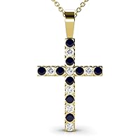 Blue Sapphire & Natural Diamond (SI2-I1,G-H) Cross Pendant 0.88 ctw 14K Gold. Included 16 Inches 14K Gold Chain.