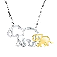 14K Two-Tone Plated Silver Elephant Mom & Child Pendant Necklace 1/10 CT Simulated Diamonds