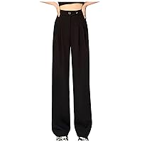 Dressy Straight Leg Pants Women Button High Waist Stretchy Business Trousers Casual Work Loose Slacks with Pockets