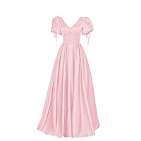 Women's Puffy Sleeve Prom Dresses Vintage Princess Ball Gown Satin Formal Wedding Party Dress R026