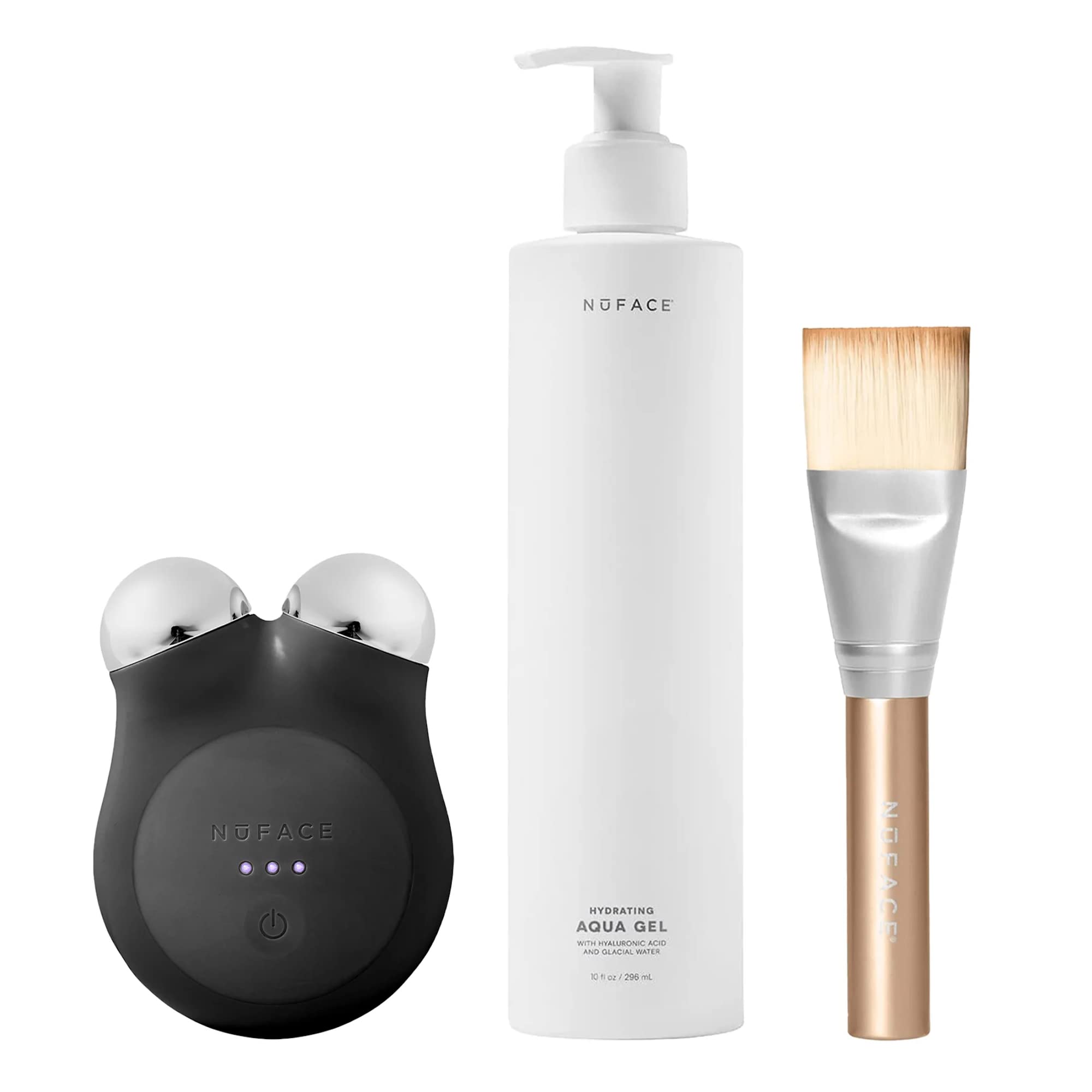 NuFACE MINI+ Skincare Regimen – Petite Microcurrent Facial Toning Device with Aqua Gel Activator 10 Oz, Clean Sweep Applicator Brush + Travel Bag – Midnight Black